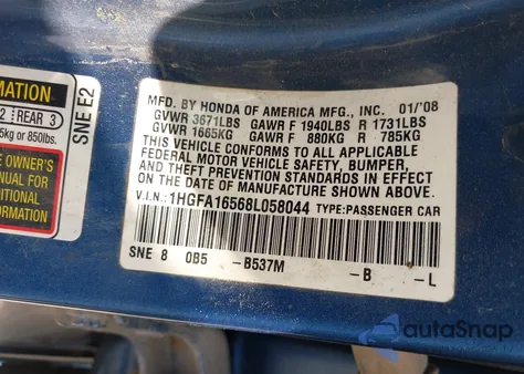 2008 Honda Civic Lx из США, поврежденный, VIN 1HGFA16568L058044